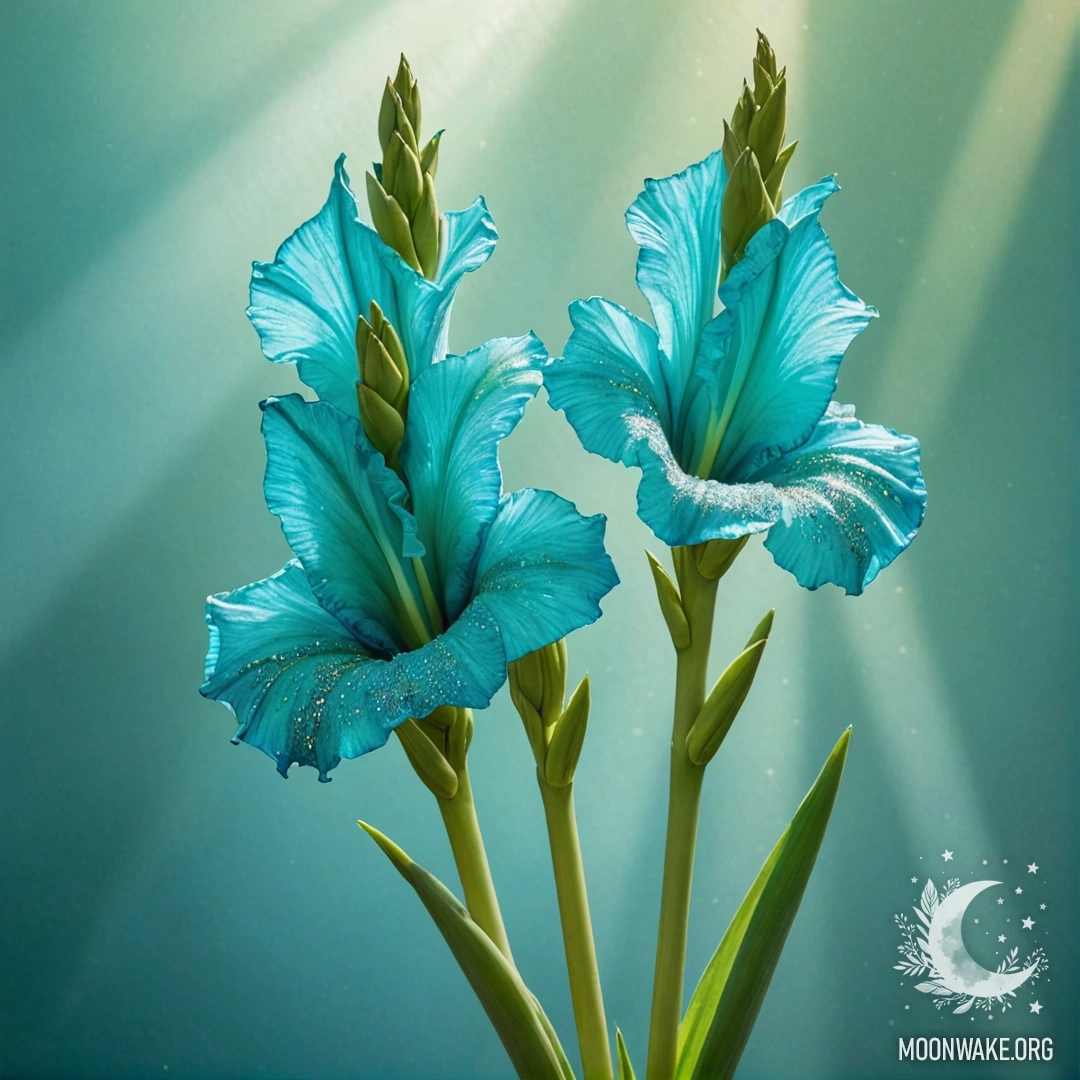 Minimalist Gladiolus with Sunny Rays A delicate greenish-blue gladiolus illuminated by golden sunrays, adorned with sparkling glitter.