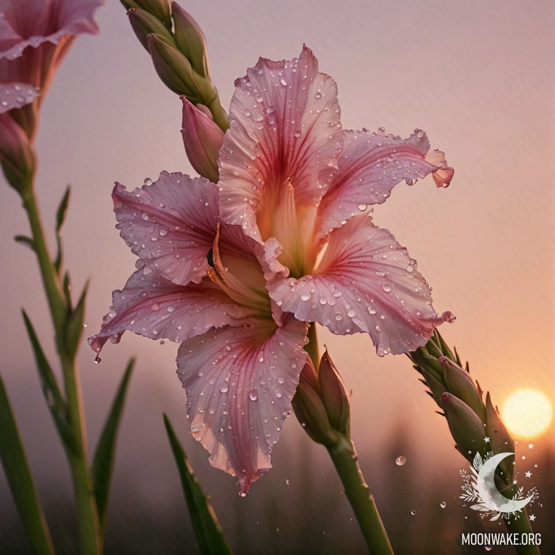 Minimalist Gladiolus at Sunset with Dew A minimalist image of a pink gladiolus flower with dew drops at sunset, adorned with rhinestones and featuring Japanese calligraphy.
