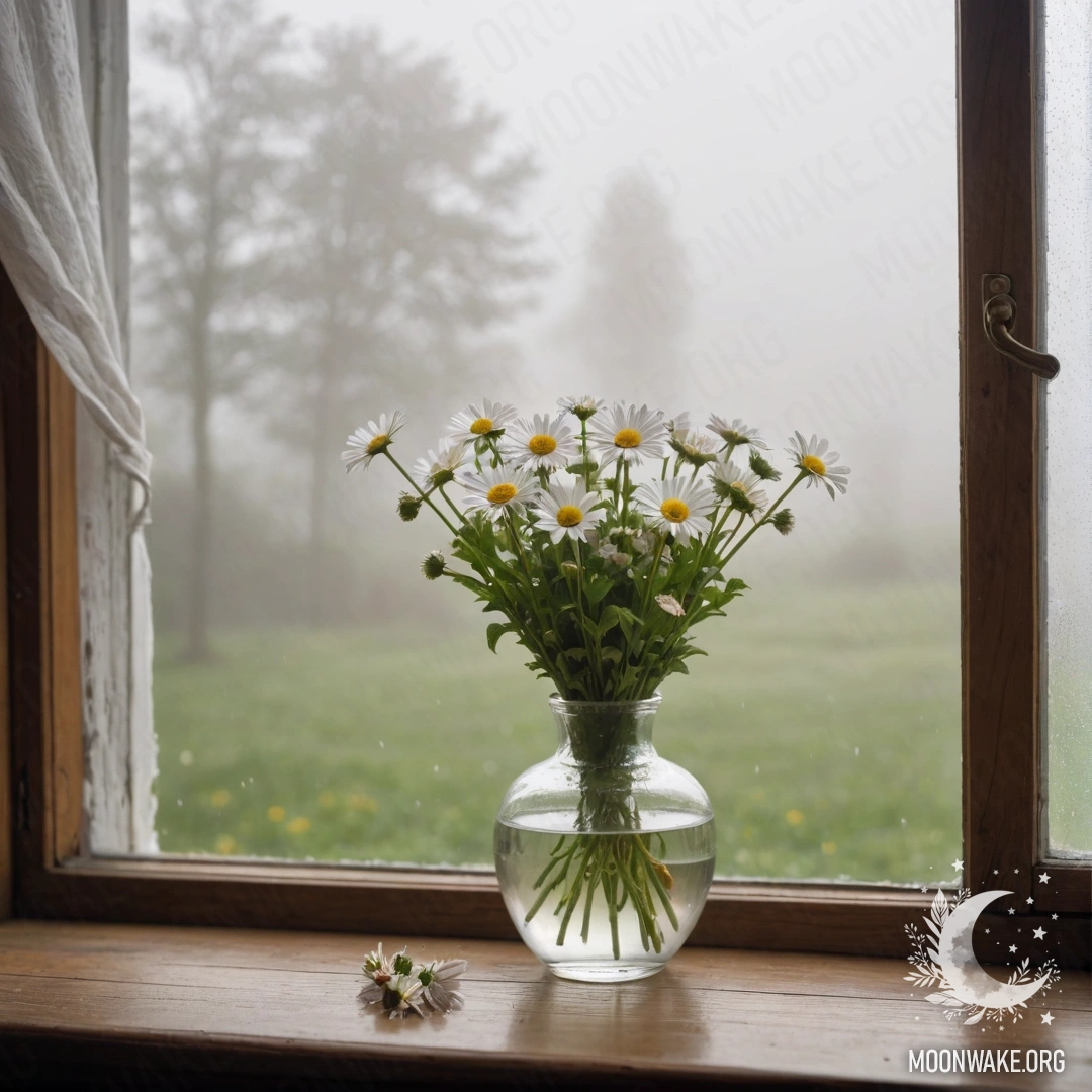 A glass vase holding daisies on a vintage wooden windowsill, surrounded by dense mist and heavy fog.