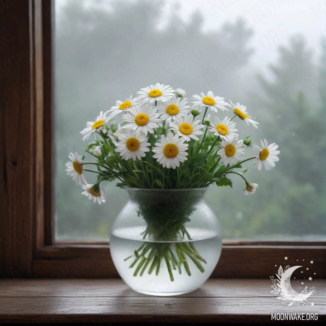 A glass vase with daisies resting on a wooden vintage windowsill in thick fog.