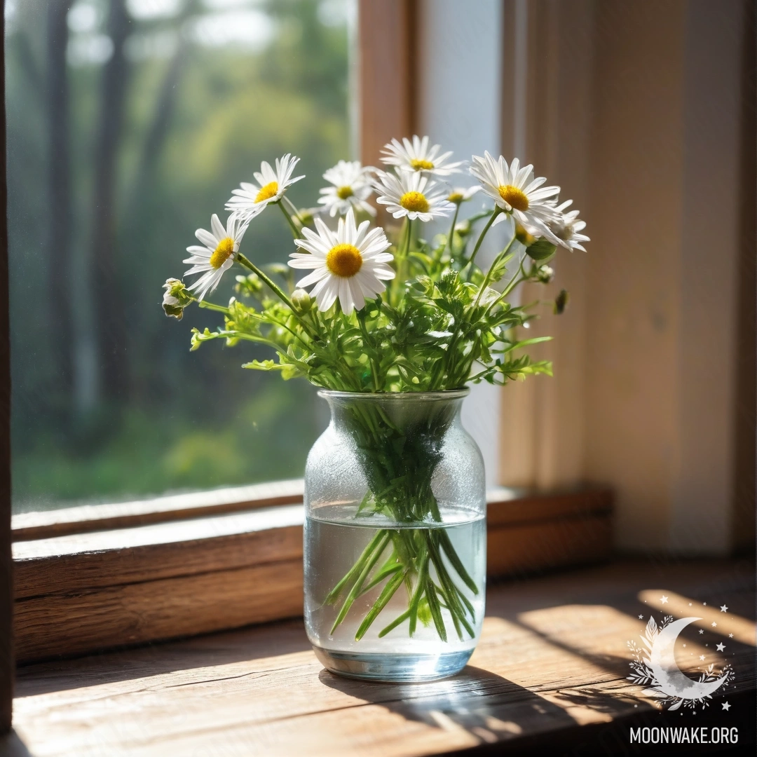 A glass vase filled with daisies on a wooden vintage windowsill, illuminated by sun rays.