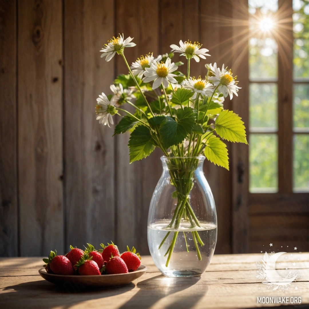 Minimalist Glass Vase with Strawberries and Flowers A clear glass vase filled with branches of strawberries and delicate flowers on a wooden wall background.