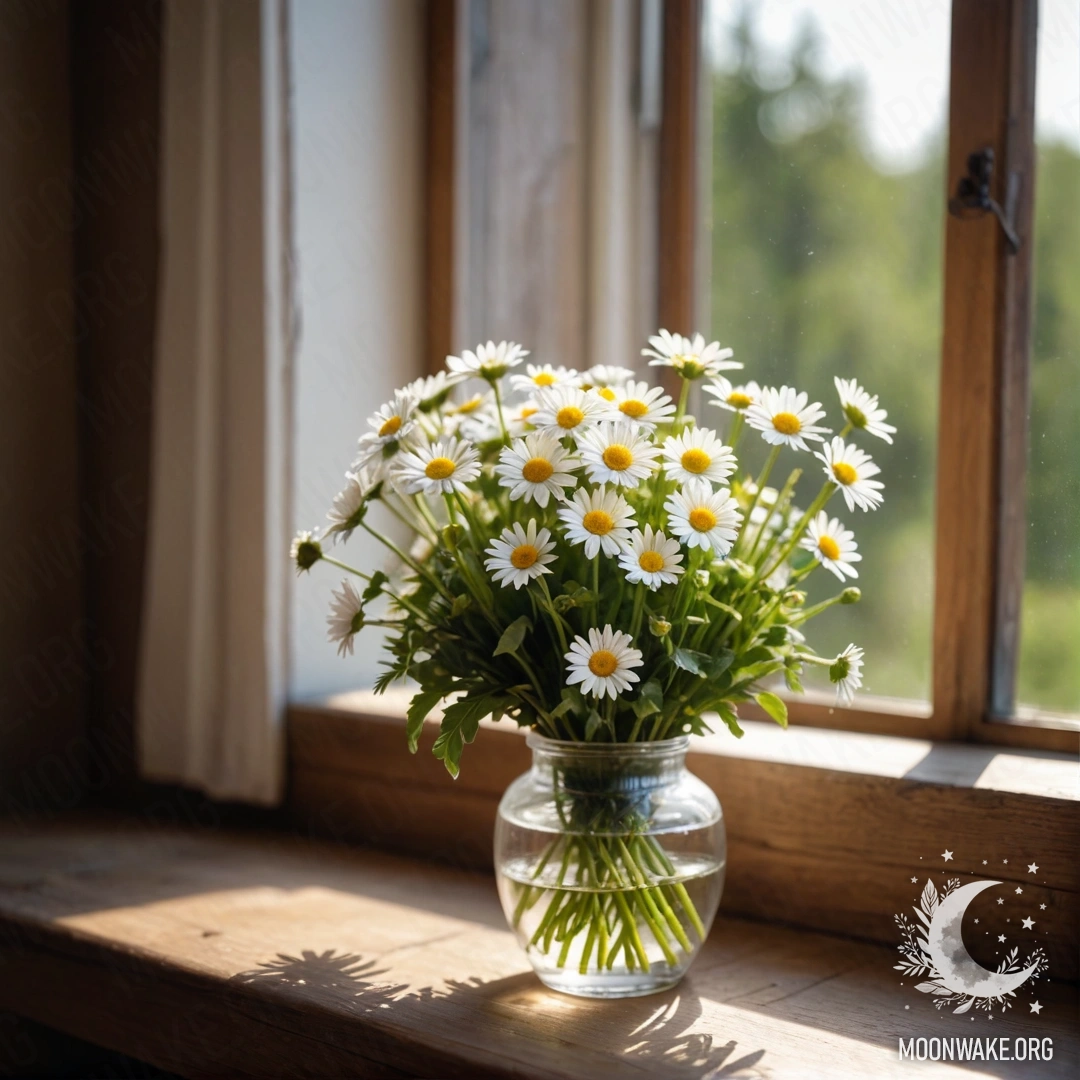 A glass vase filled with daisies rests on a vintage wooden windowsill, illuminated by a soft garland light.