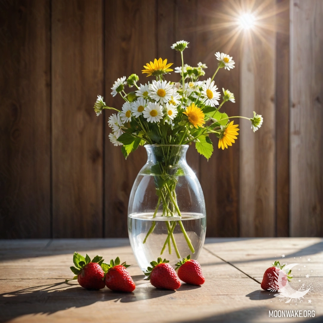 A glass vase filled with branches of strawberries and flowers, set against a wooden wall, illuminated by soft sun rays.
