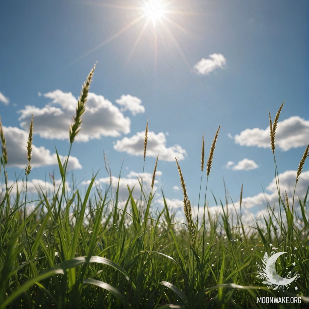 Close-up of green grass in a field with a bokeh sky and clouds