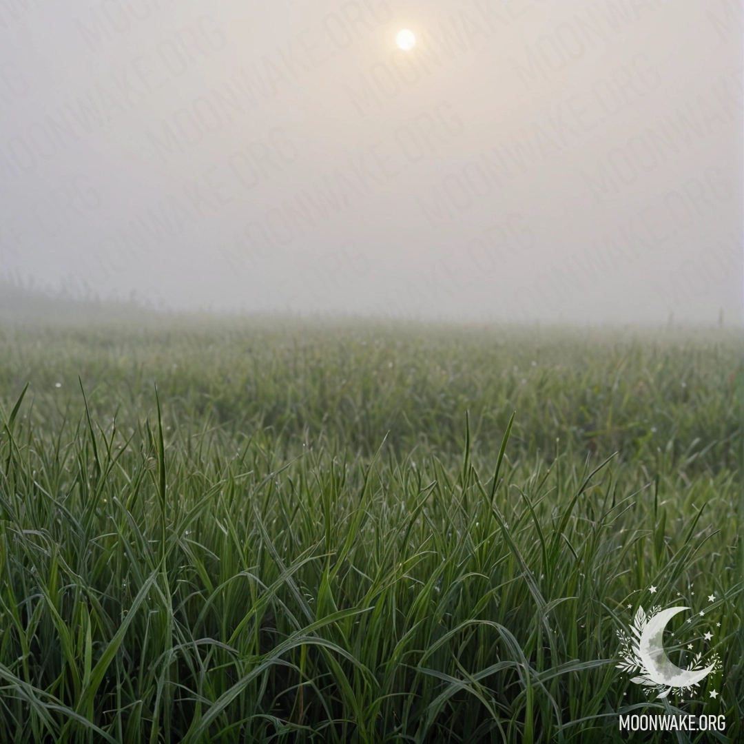 A close-up view of grass in a misty field against a blurred sky.