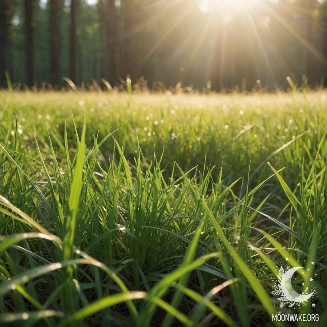Close-up of grass in a minimalist field against a blurred forest background bathed in sunlight.