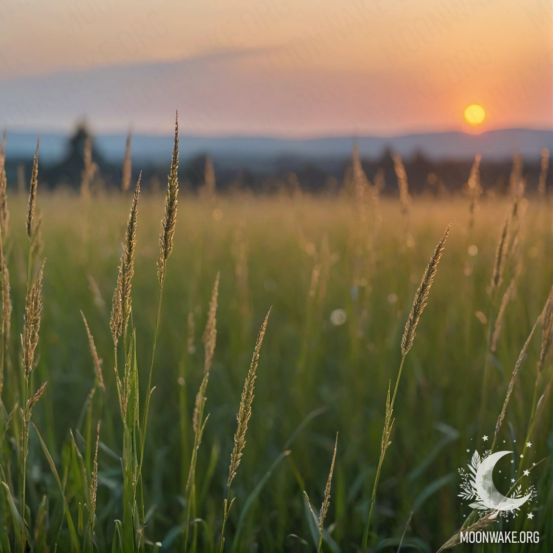 Close-up view of grass in a minimalist field against a blurred sunset sky.