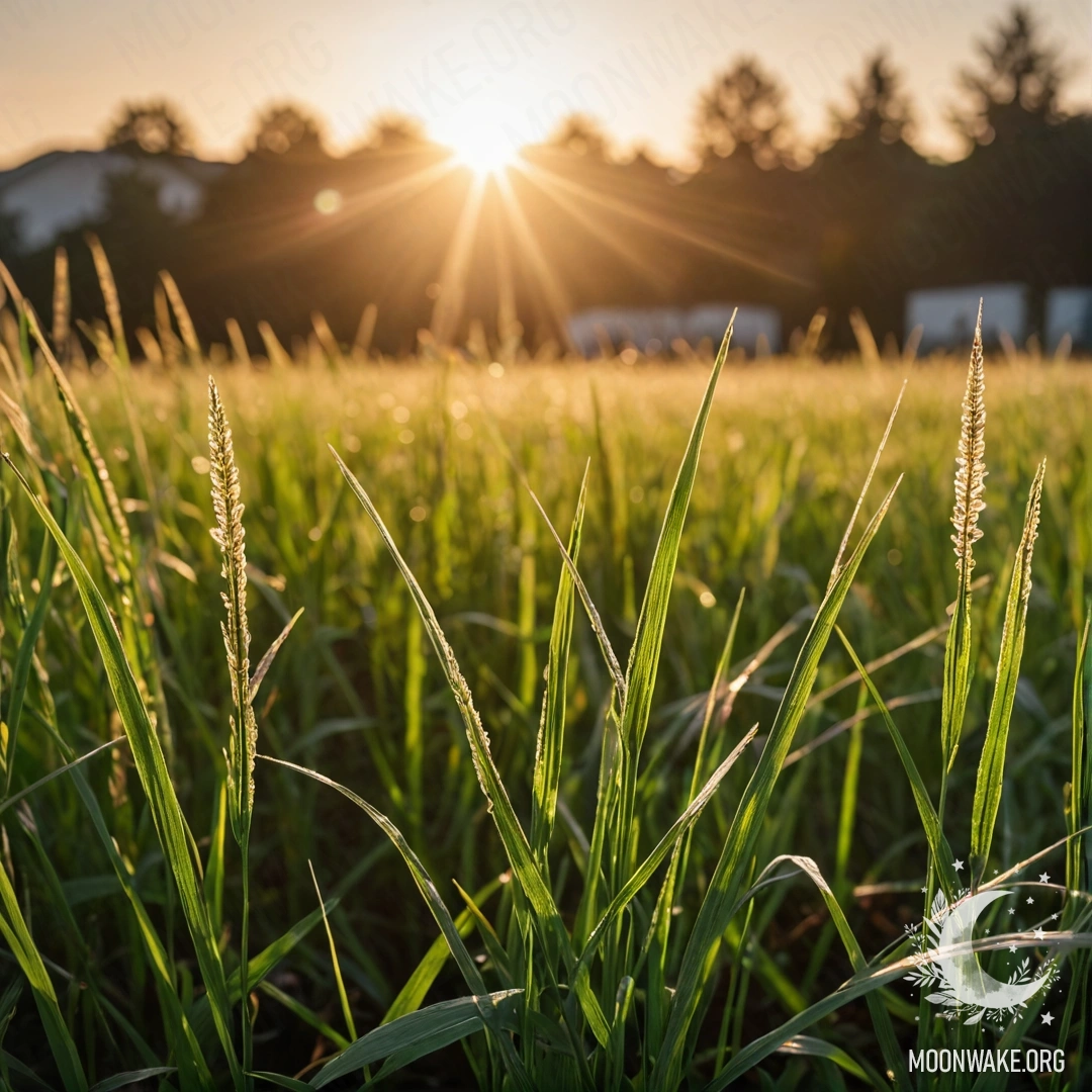 Close-up view of grass in a field against a bokeh sunset background.