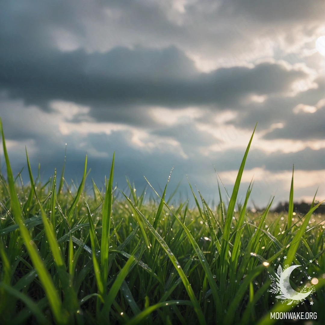 Close-up of grass in a minimalist field with a bokeh sky above, featuring clouds and rain.