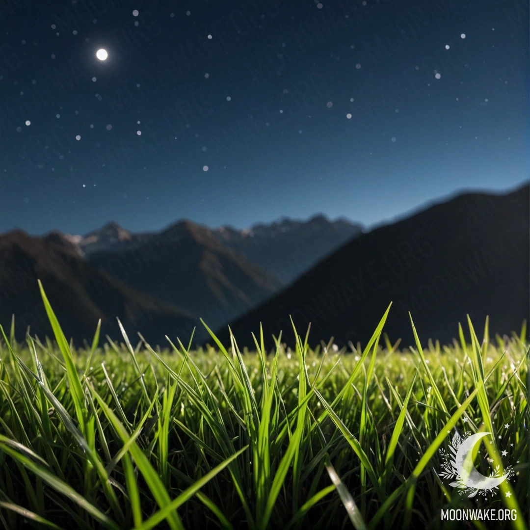 Minimalist Grass and Mountain Bokeh at Night Close-up of grass in a field with blurred mountains in the background at night.