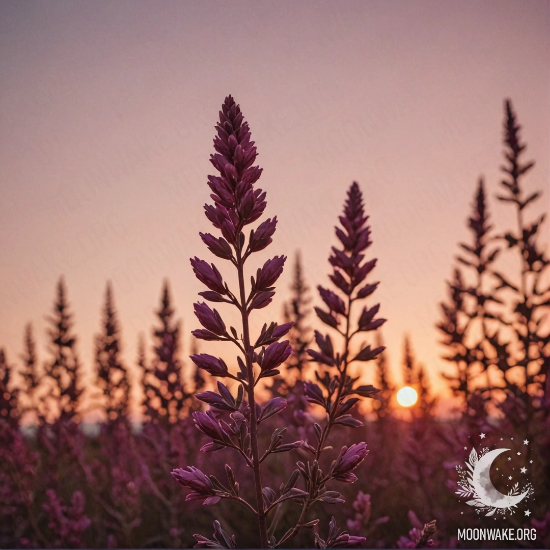 A minimalist landscape featuring heather in red hues at sunset.