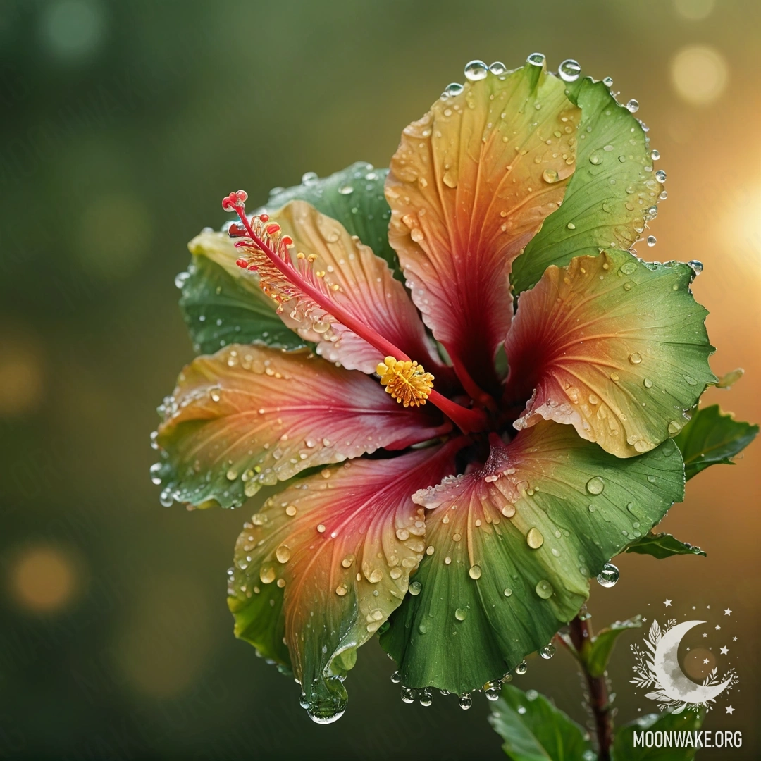 A minimalist bouquet of green hibiscus flowers adorned with dew drops at sunset.