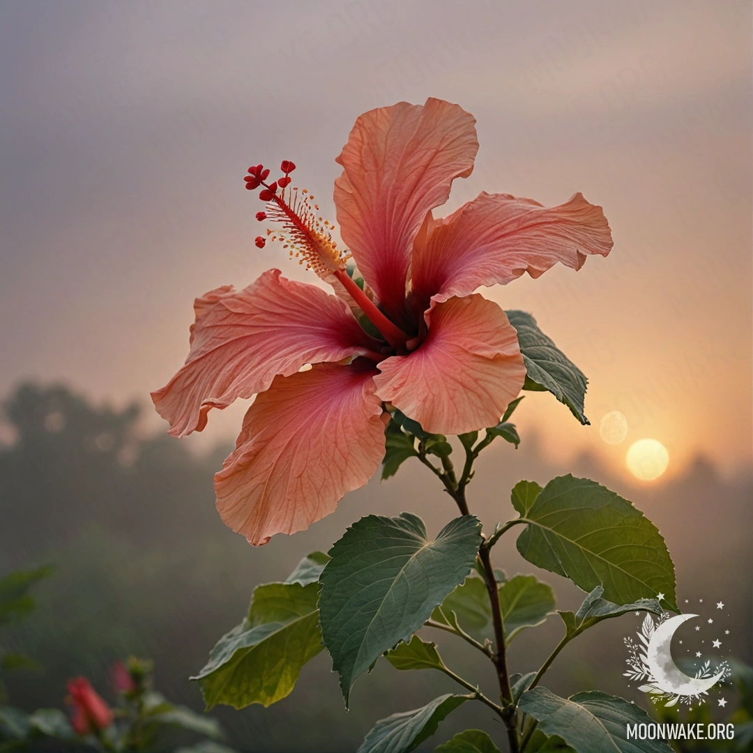 A minimalist representation of a hibiscus flower enveloped in mist during sunset, showcasing patterns of sage color.
