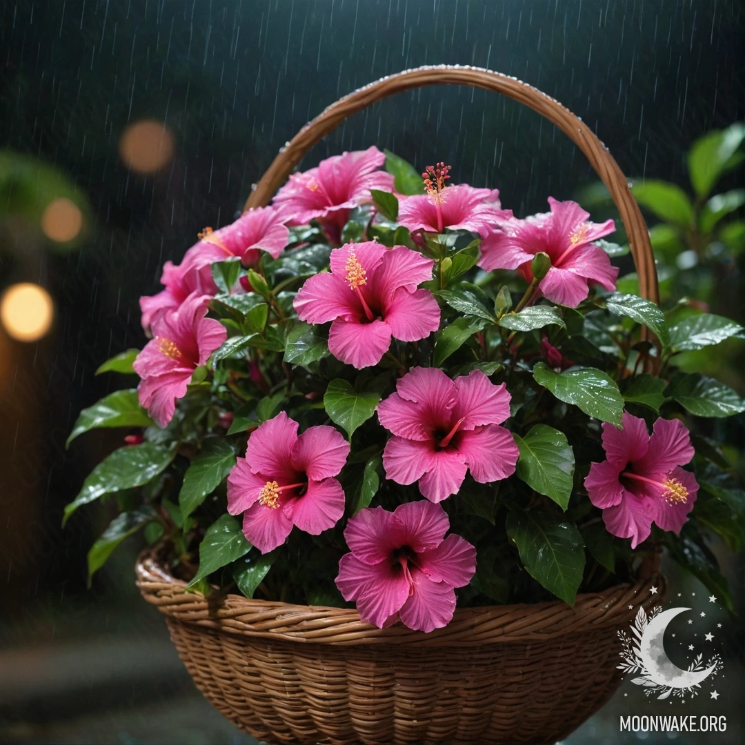 Minimalist Hibiscus Under Rain at Night A fuchsia hibiscus flower in a basket, drenched by rain at night.