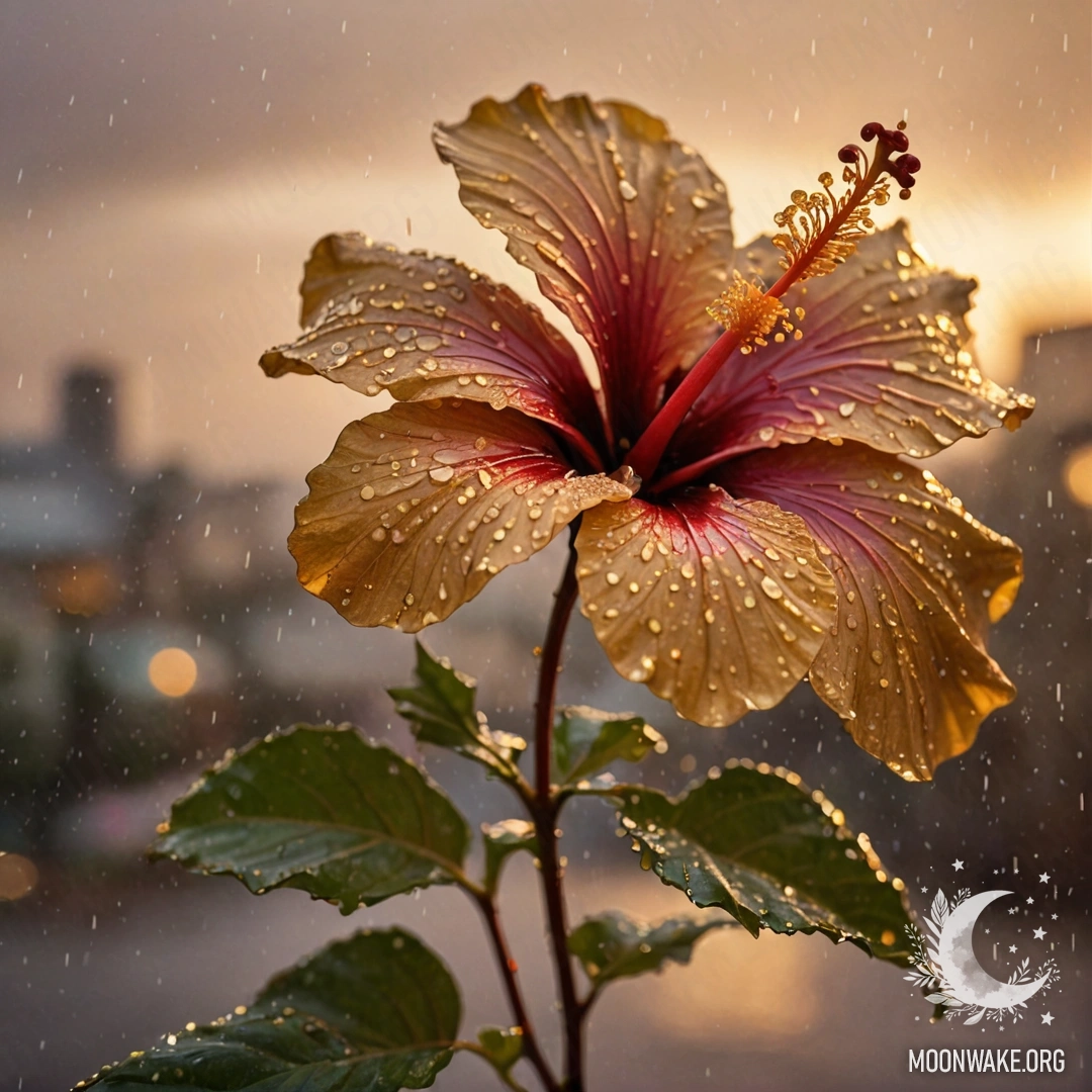 Minimalist Hibiscus Under Rain at Sunset A minimalist hibiscus flower drenched in rain, glowing with golden sequins against a sunset background.