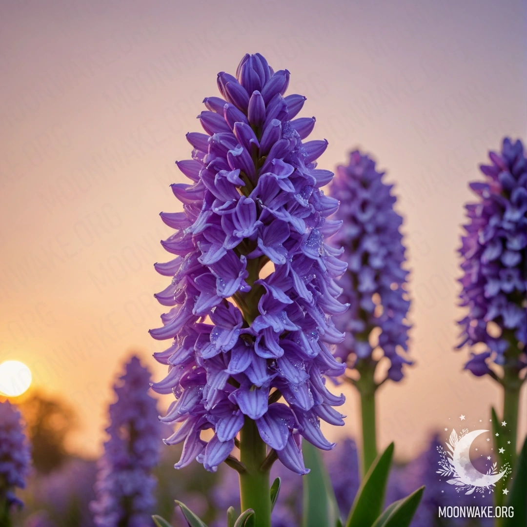 A minimalistic hyacinth flower in mint color glistening at sunset.