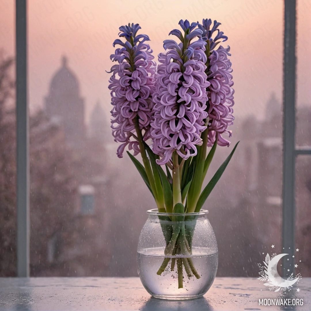 A pink hyacinth in a vase, surrounded by mist and rain at sunset.
