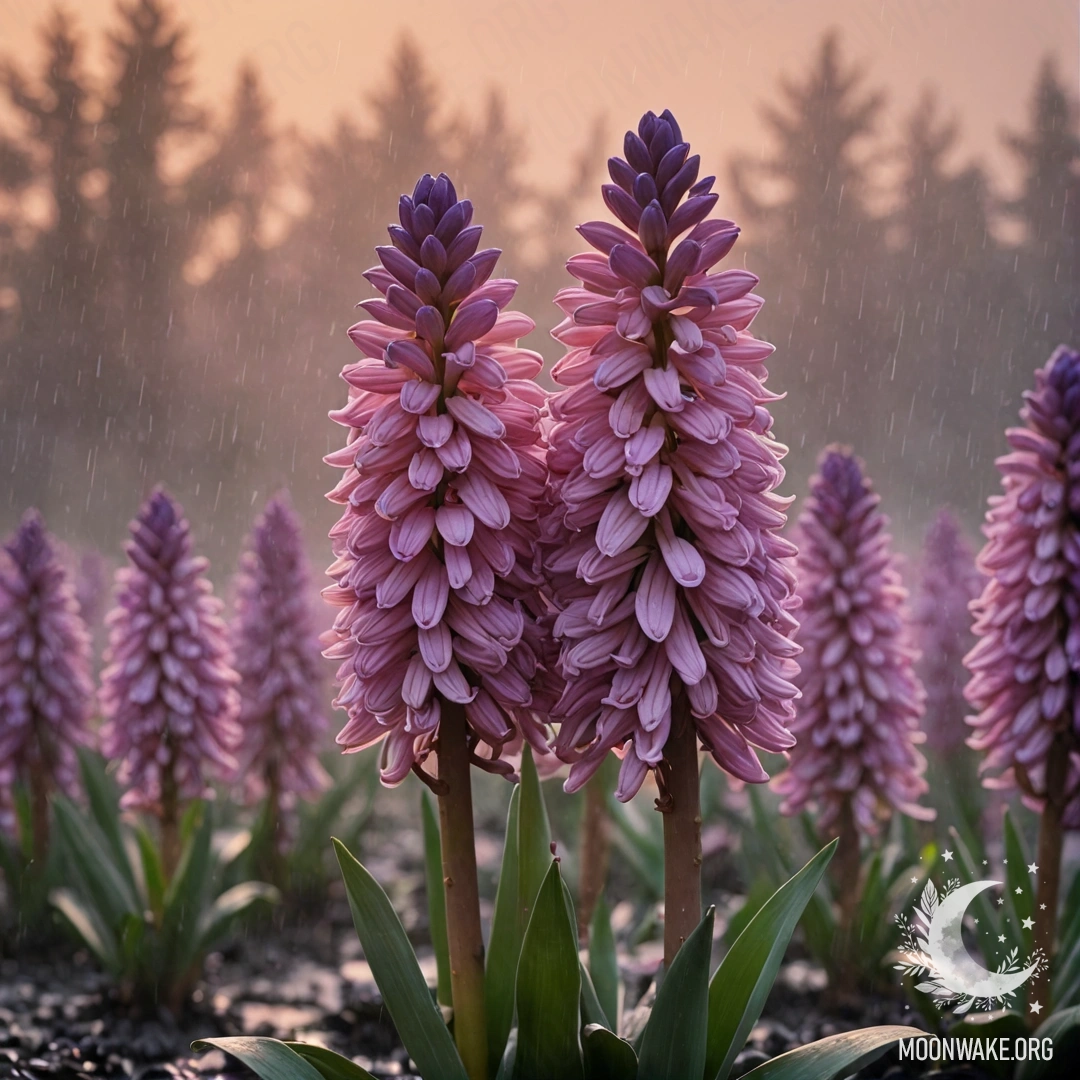 Minimalist Hyacinth in Rainy Sunset A delicate pink hyacinth emerges through misty rain at sunset.