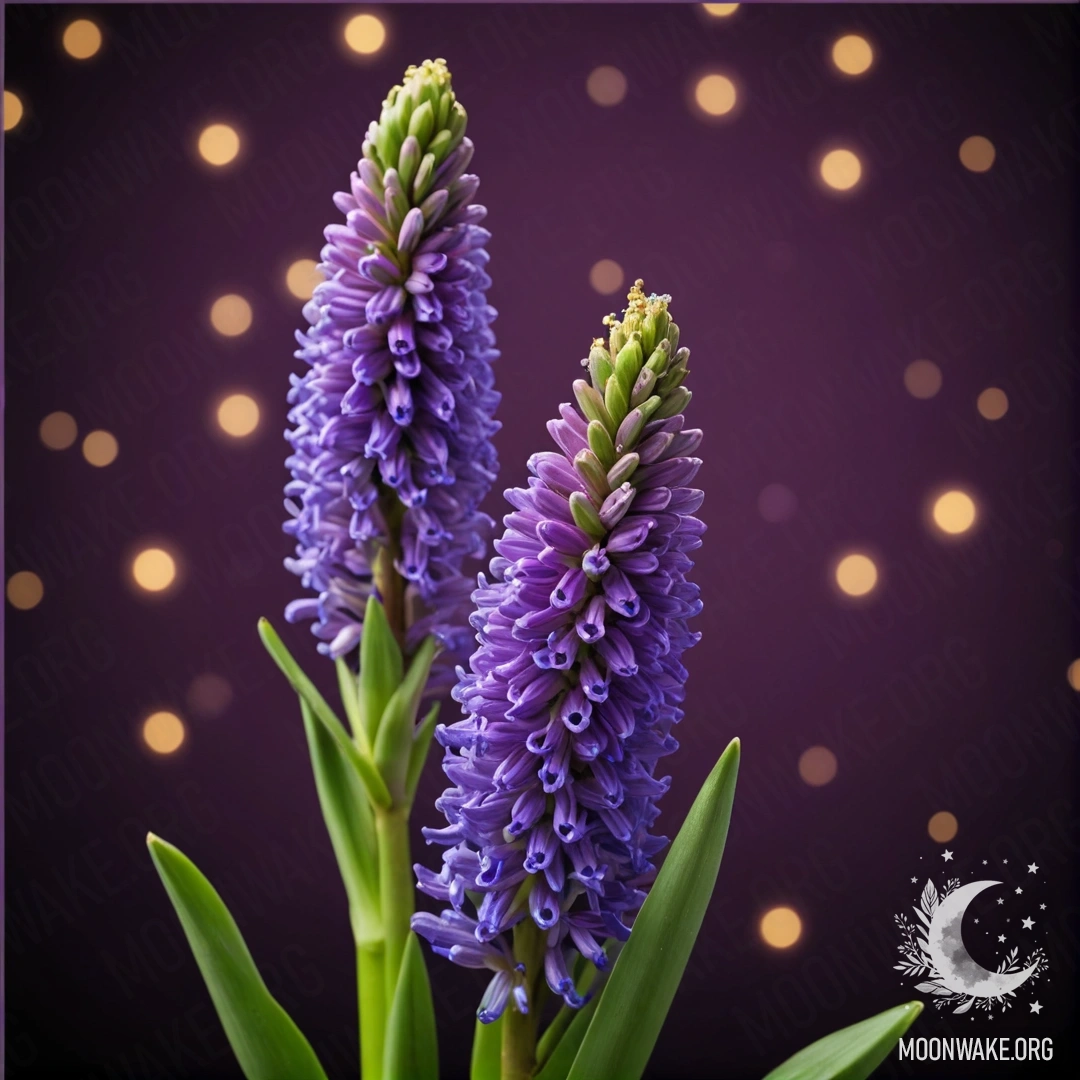 A minimalist representation of a hyacinth flower at night, surrounded by glitter and olive color.