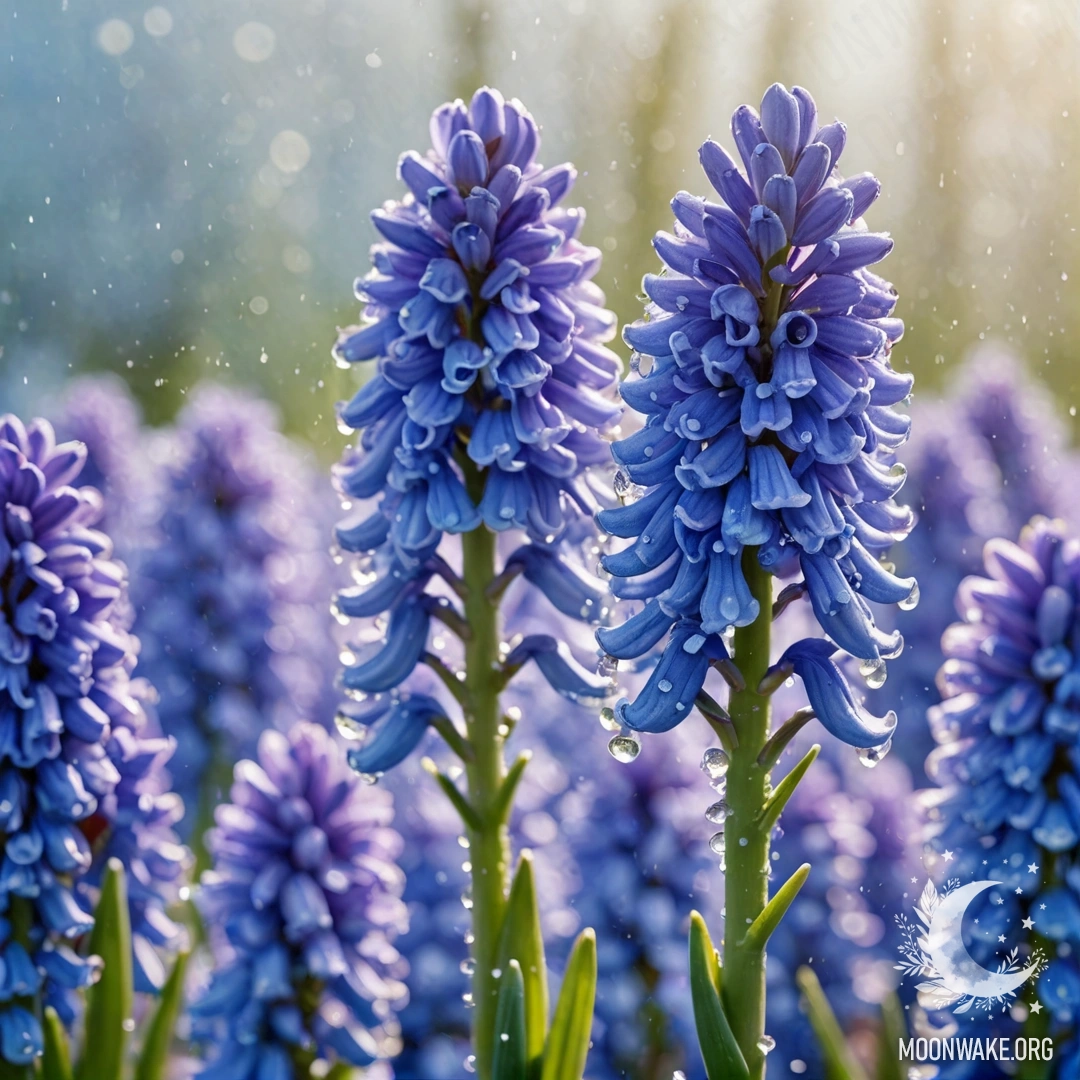 A minimalist hyacinth adorned with glistening dew drops, set against a serene sky blue background.