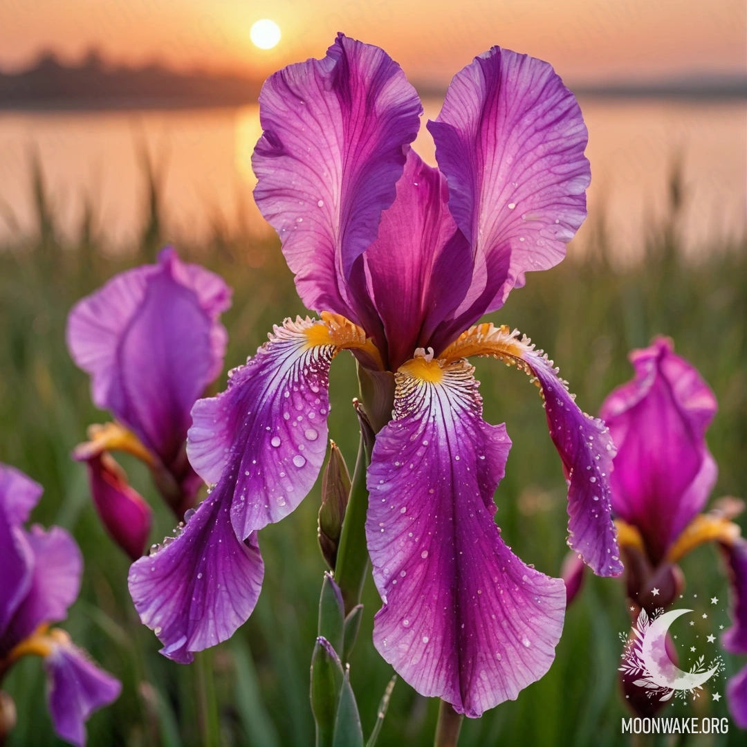 Minimalist Iris at Sunset with Dew Drops A minimalist iris flower adorned with dew drops against a fuchsia sunset background.