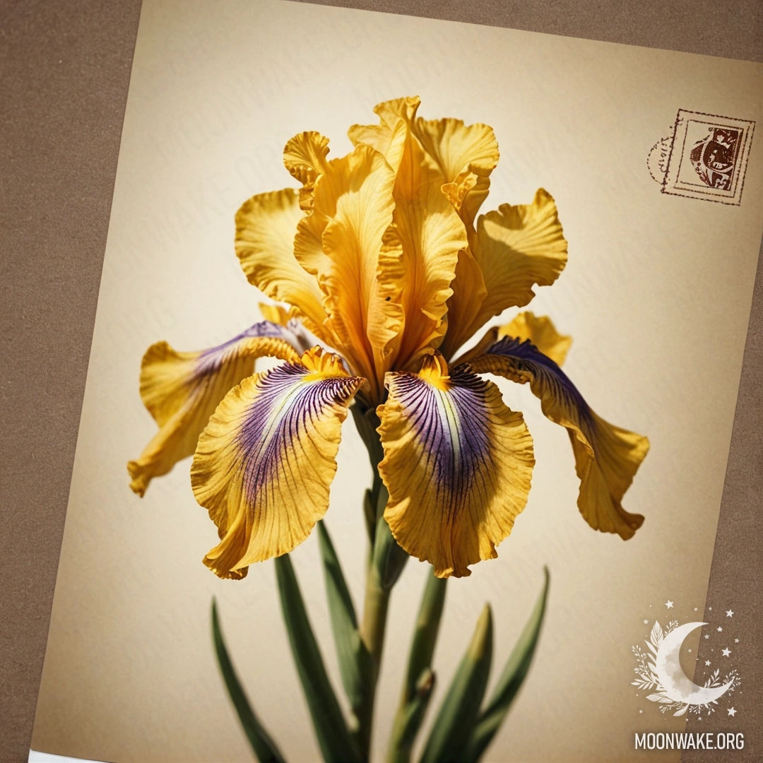 Minimalist Iris with Golden Web and Sunny Rays A minimalist iris flower adorned with a golden web and sunny rays