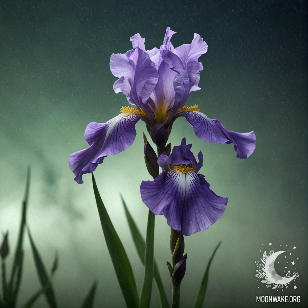 A delicate iris flower shrouded in mist during night time, set against a sage green background.