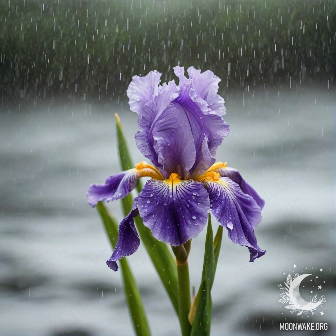 A minimalist artwork featuring an iris flower with rain and sea wave patterns.