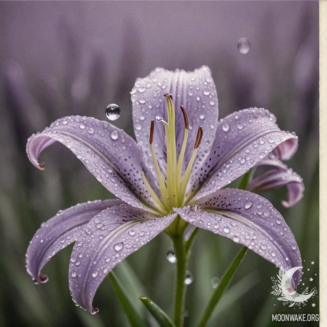 A minimalist lily with dew drops on a lavender background.