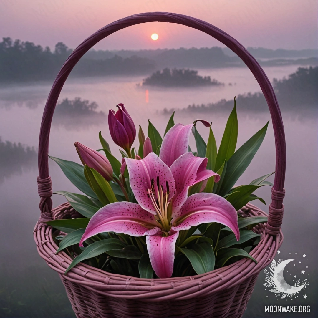 A minimalist painting of a lily in a fuchsia basket, surrounded by fog at sunset.