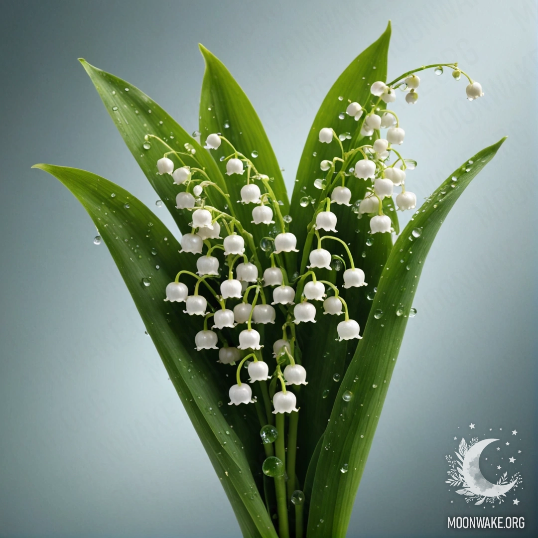 A delicate bouquet of lily of the valley with dew drops on green leaves.