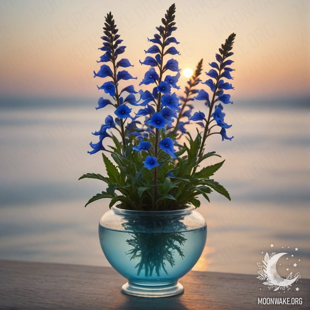Minimalist Lobelia in Fog at Sunset A vase holding delicate lobelia flowers enveloped in fog during sunset.