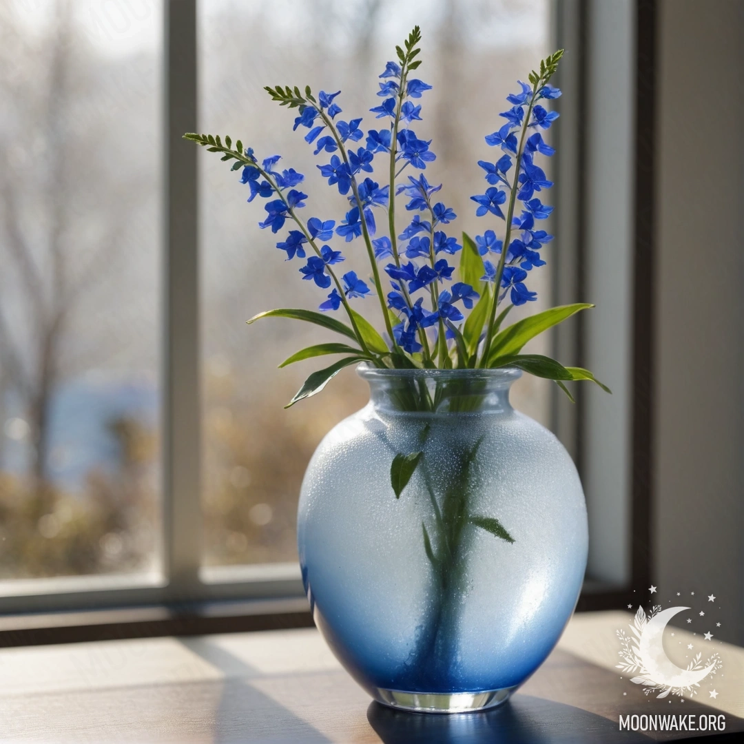 A vase holding lobelia flowers in frost with rays of sunlight.