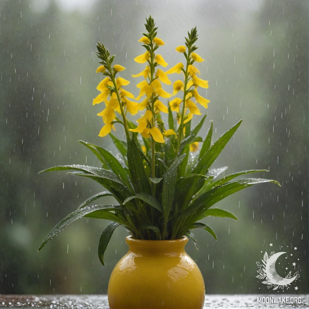 A delicate lobelia flower in a yellow vase, surrounded by mist and raindrops.