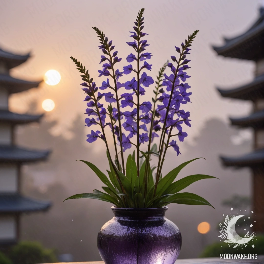 Minimalist Lobelia in Rainy Sunset A vase with purple lobelia surrounded by mist and rain at sunset.