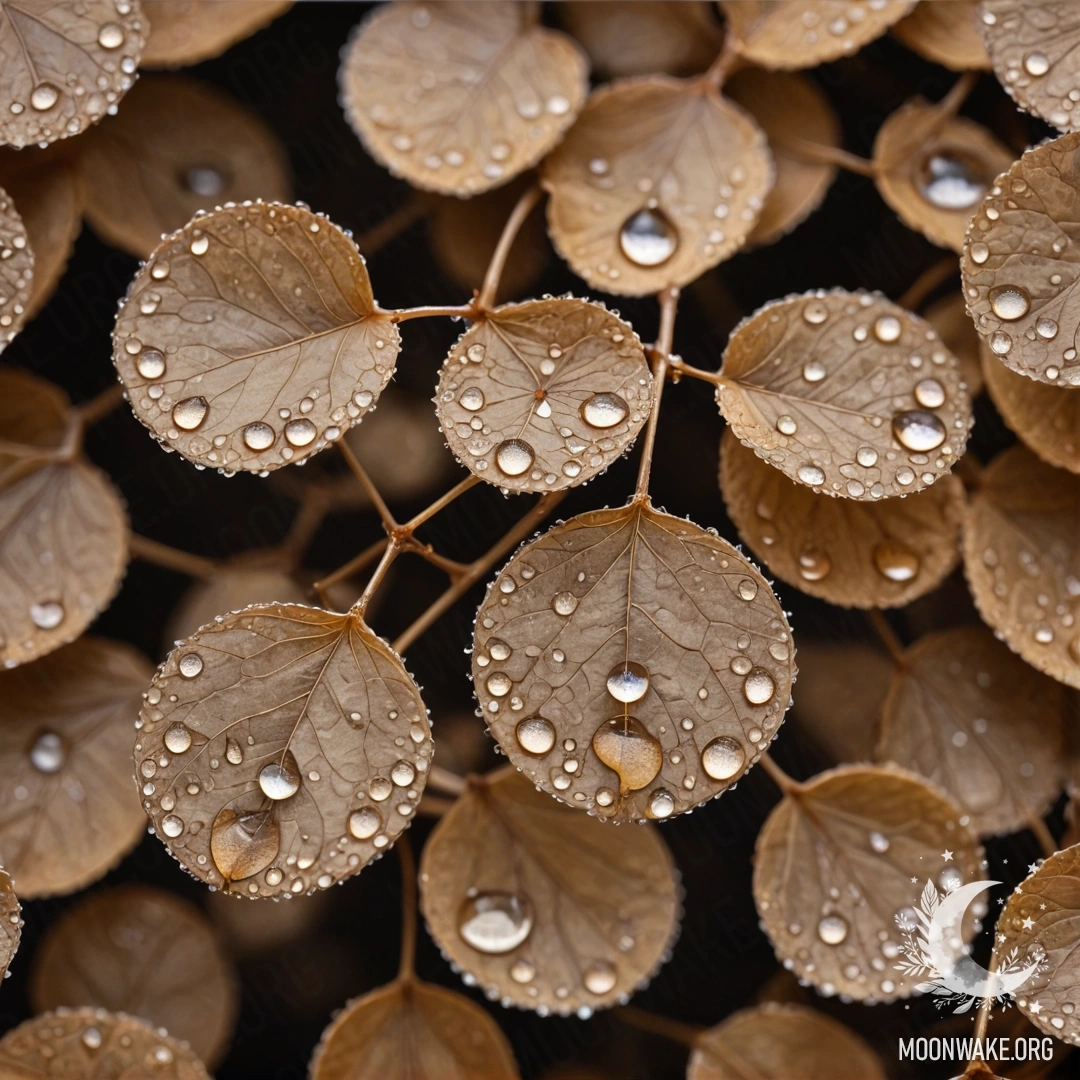 A minimalist composition featuring lunaria with dew drops on a coffee-colored background.