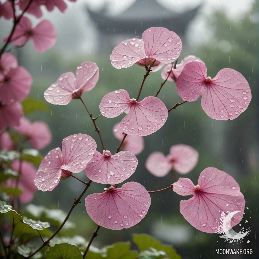 Minimalist Lunaria in Misty Rain A delicate lunaria plant gently swaying in the misty rain, bathed in soft pink hues.