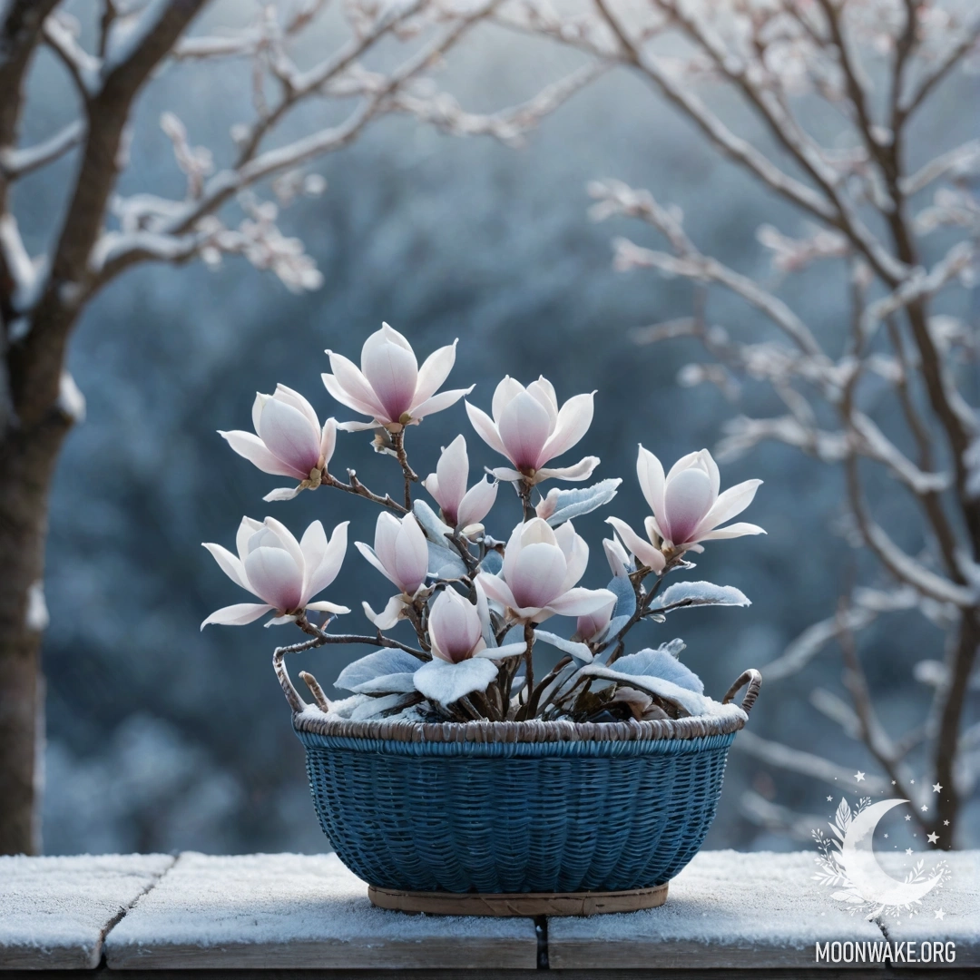Minimalistic Magnolia in Frost A minimalistic representation of a magnolia in a frost-covered basket of blue color.