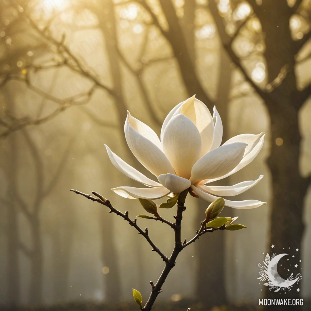 A minimalistic scene featuring a magnolia surrounded by fog and golden rays of sunlight.
