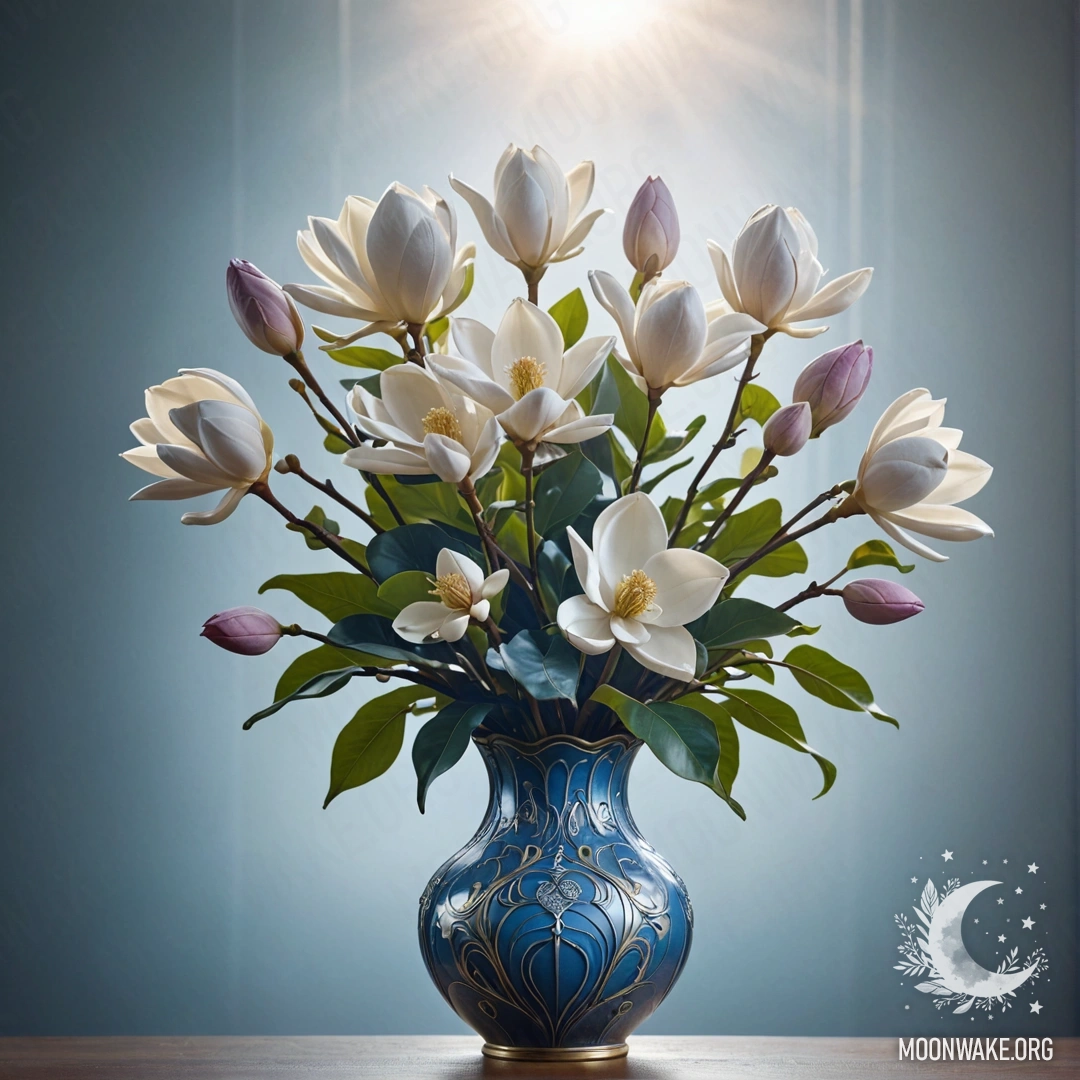 Minimalist Magnolia in Mist A blue bouquet of magnolia in mist with sunny rays illuminating it.