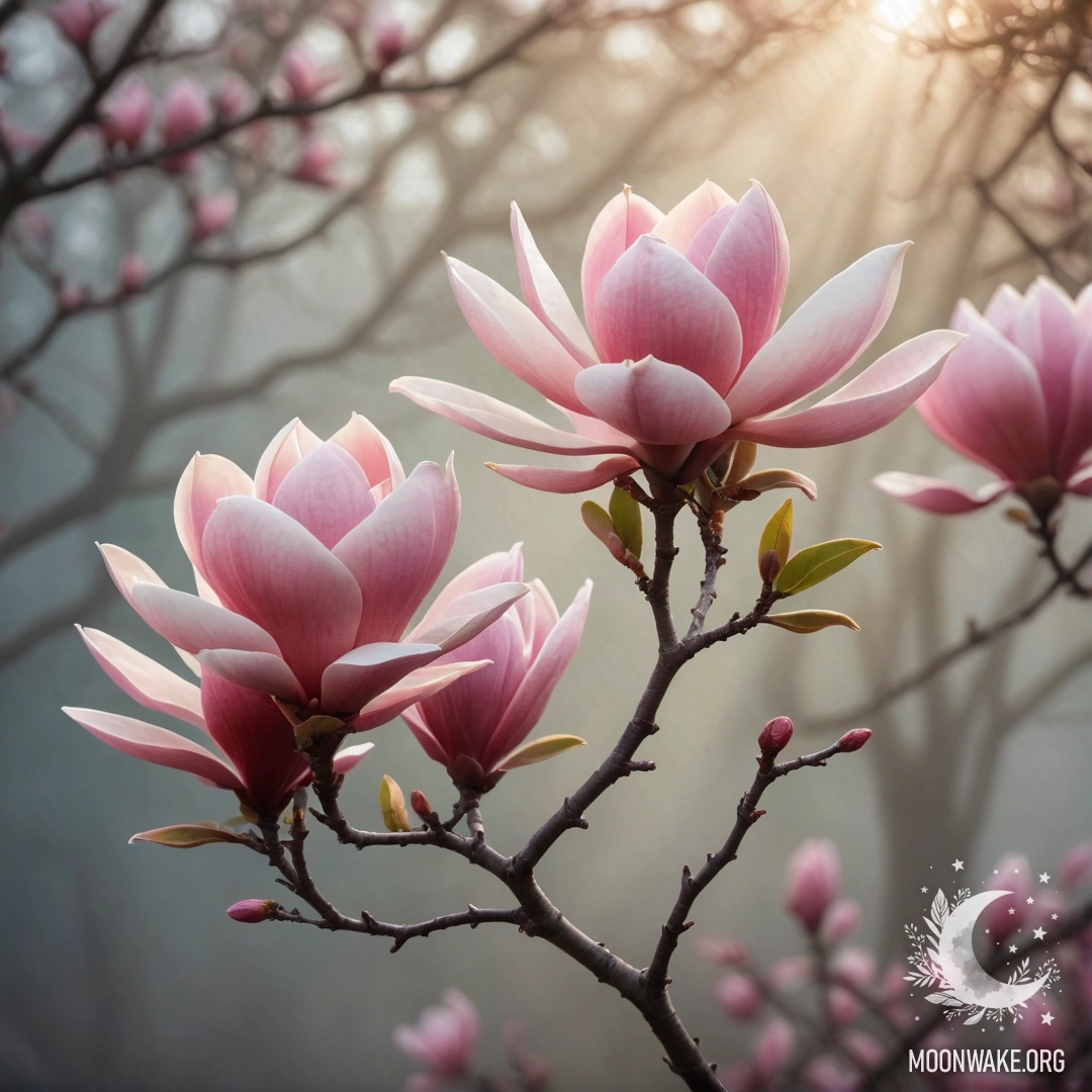 A delicate minimalistic depiction of a magnolia flower surrounded by fog and soft sunlight.