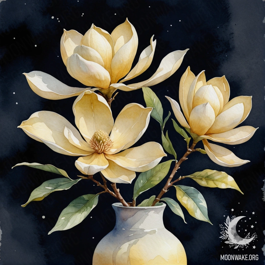 A watercolor painting of a cream yellow vase with a magnolia at night.