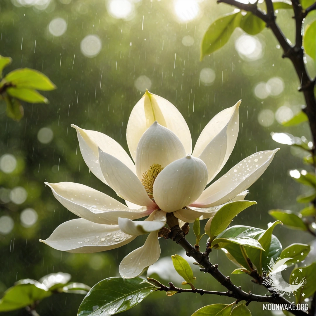 Minimalist Magnolia Under Rain with Sunlight A minimalist depiction of a magnolia tree under rain with sunlight filtering through, accented with glimmering lime colors.