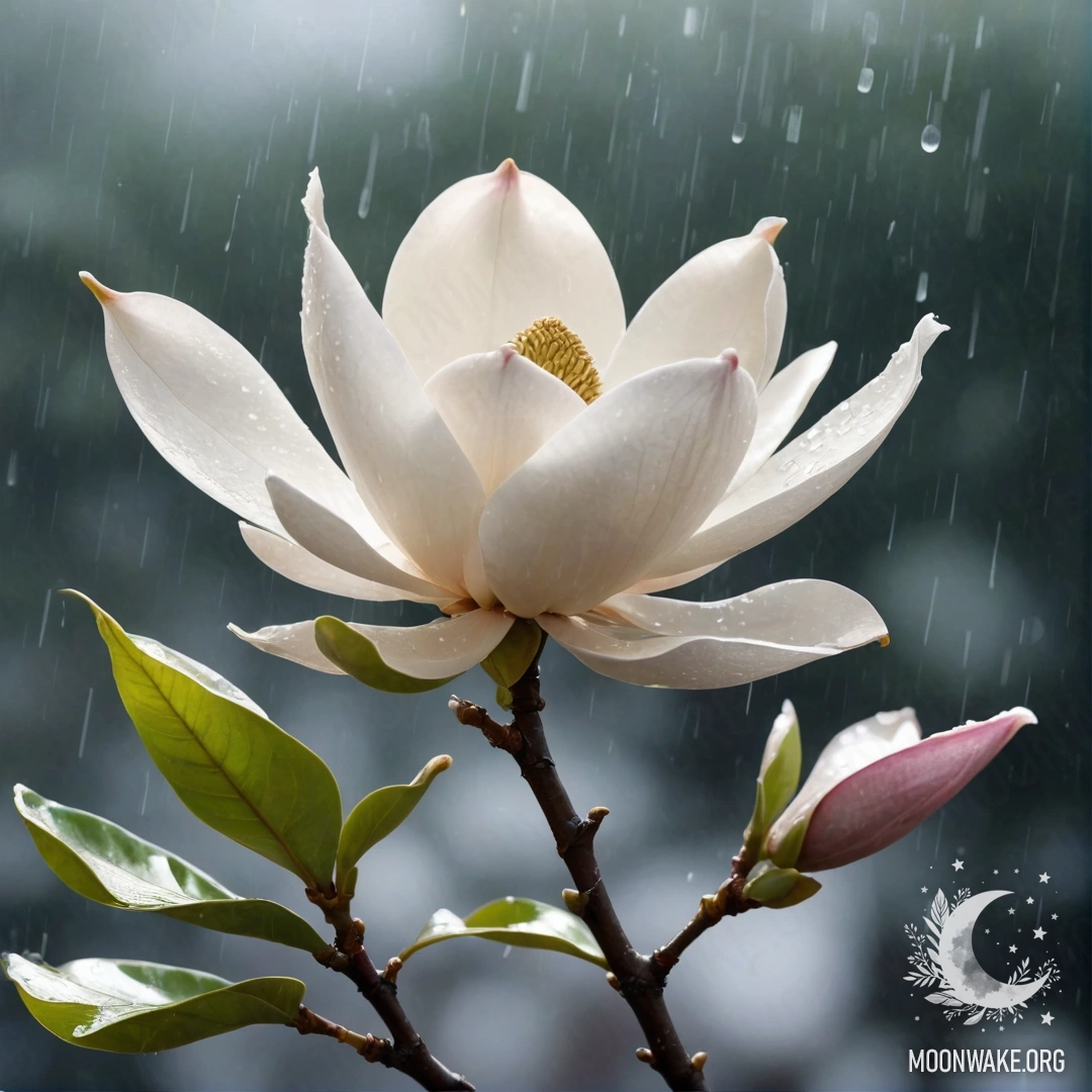 A minimalist image of a magnolia flower drenched in rain, with sunny rays and splashes of sea wave colors.