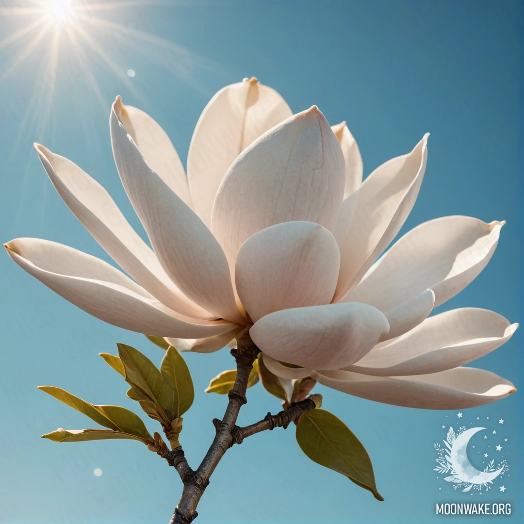 A minimalist image of magnolia flowers bathed in sunlight, with a sky blue background sparkling with glitter.