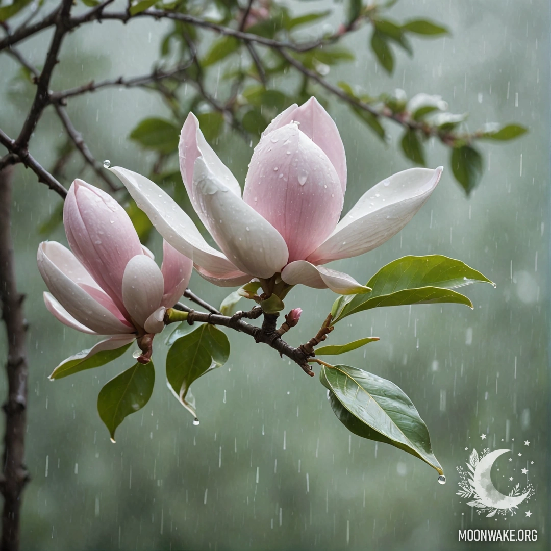 Minimalist Magnolia Under Rain A minimalist depiction of a magnolia tree under rain, featuring patterns of mint color.