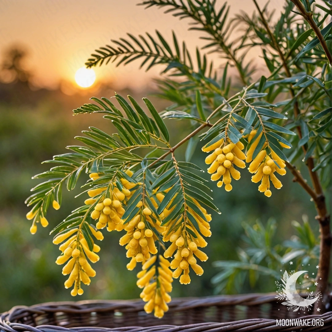A basket with olive-colored mimosa flowers adorned with dew drops at sunset.