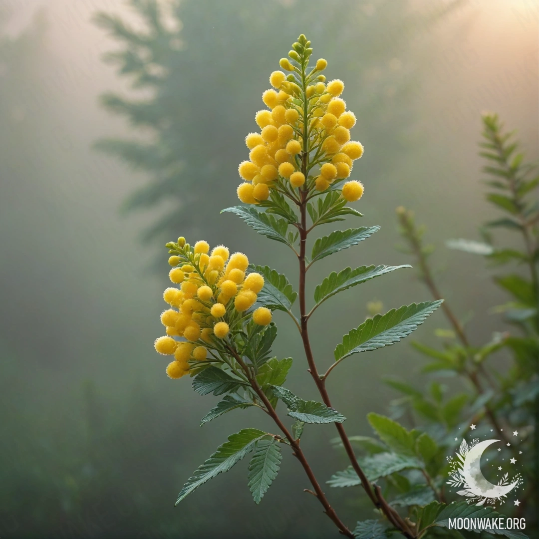 A minimalist bouquet of mint-colored mimosa flowers enveloped in fog during sunset.