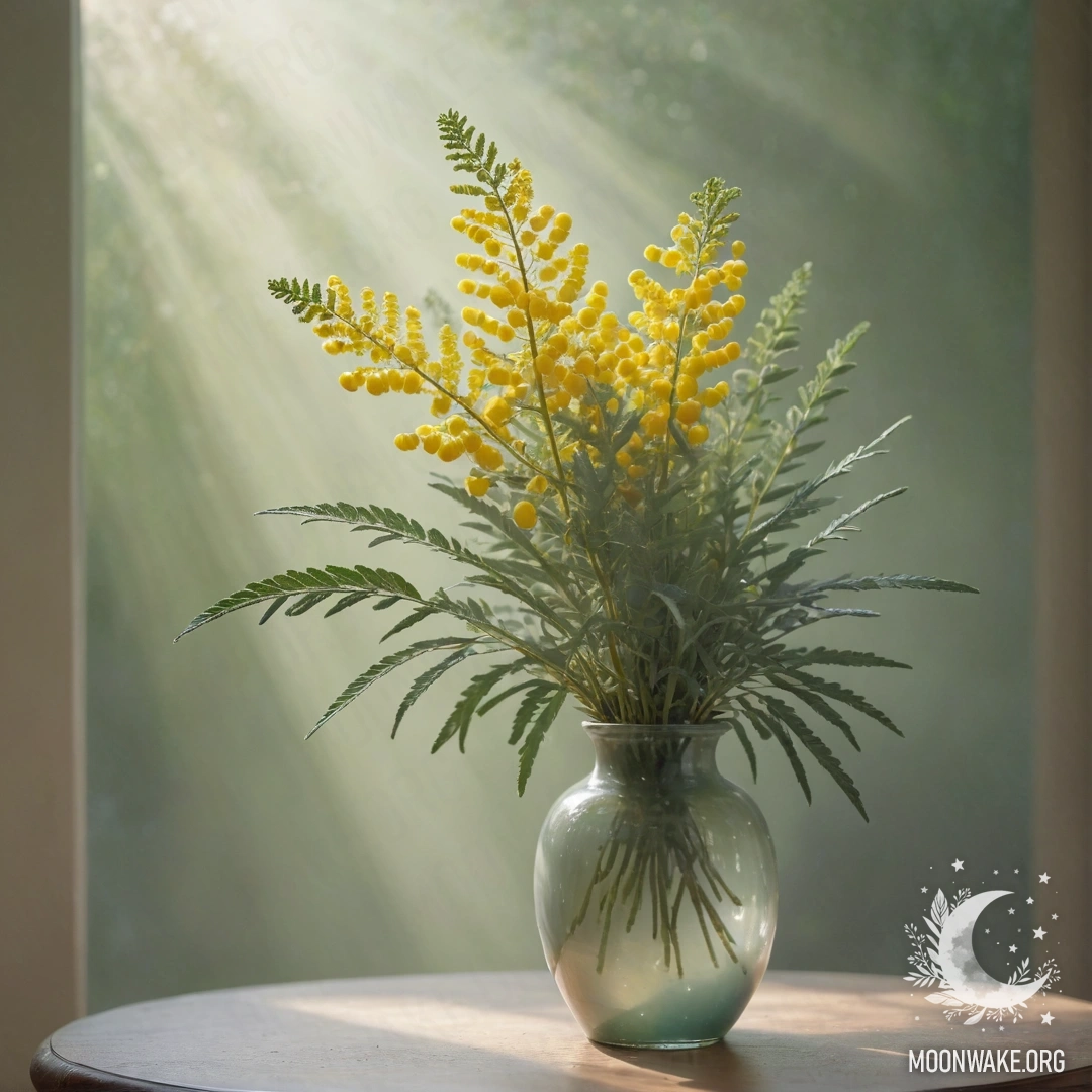 A minimalist composition featuring a mimosa branch in a sage-colored vase surrounded by mist and illuminated by sunny rays.